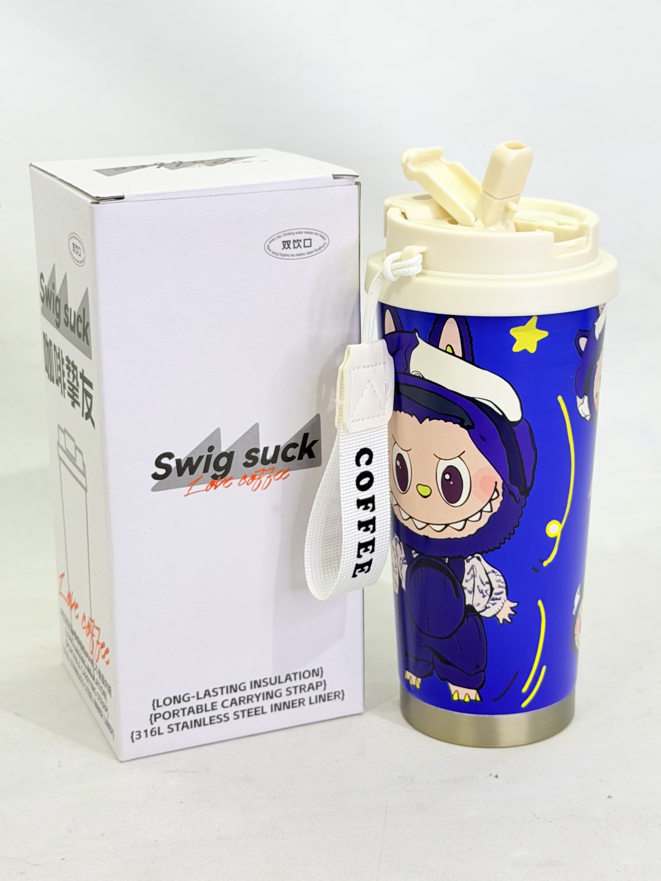 VASO LABUBU CON DOBLE PICO Y CORREA