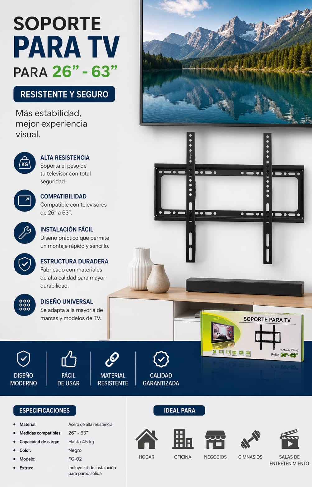 SOPORTE FIJO PARA TV 26” - 63”