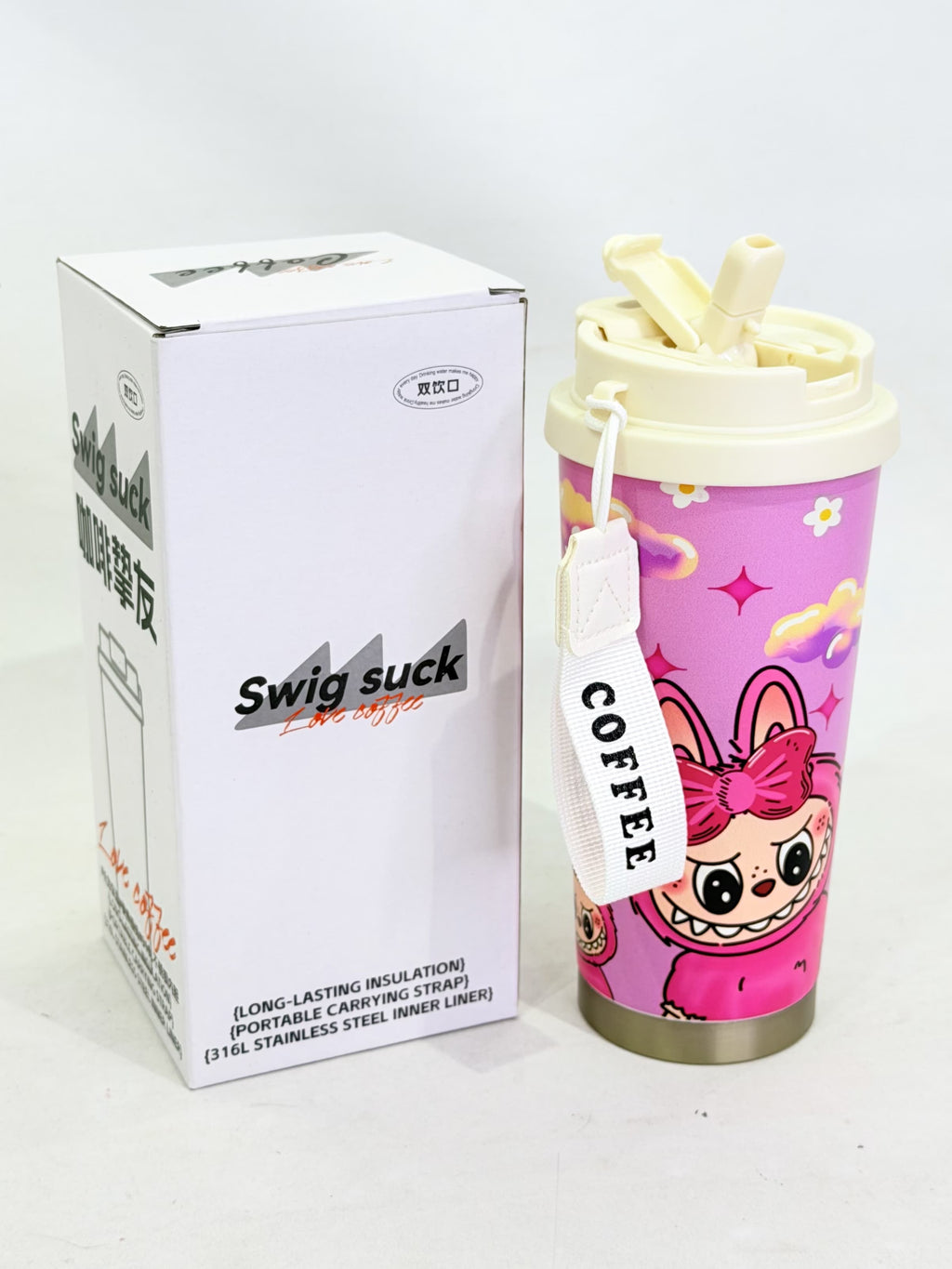 VASO LABUBU CON DOBLE PICO Y CORREA