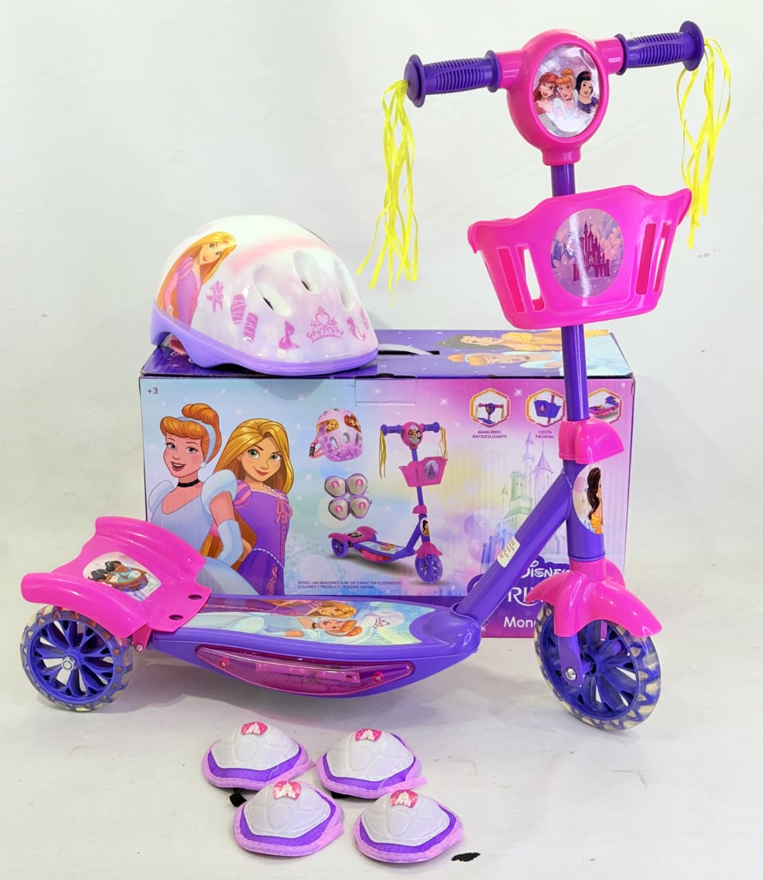 MONOPATIN INFANTIL CON CANASTITO + SET DE PROTECCION