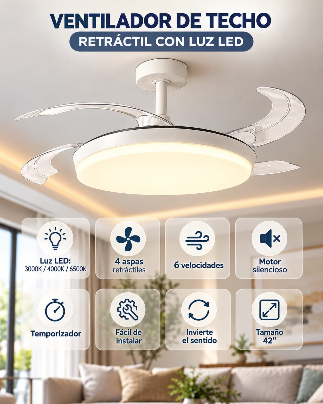 VENTILADOR DE TECHO RETRÁCTIL CON LUZ LED