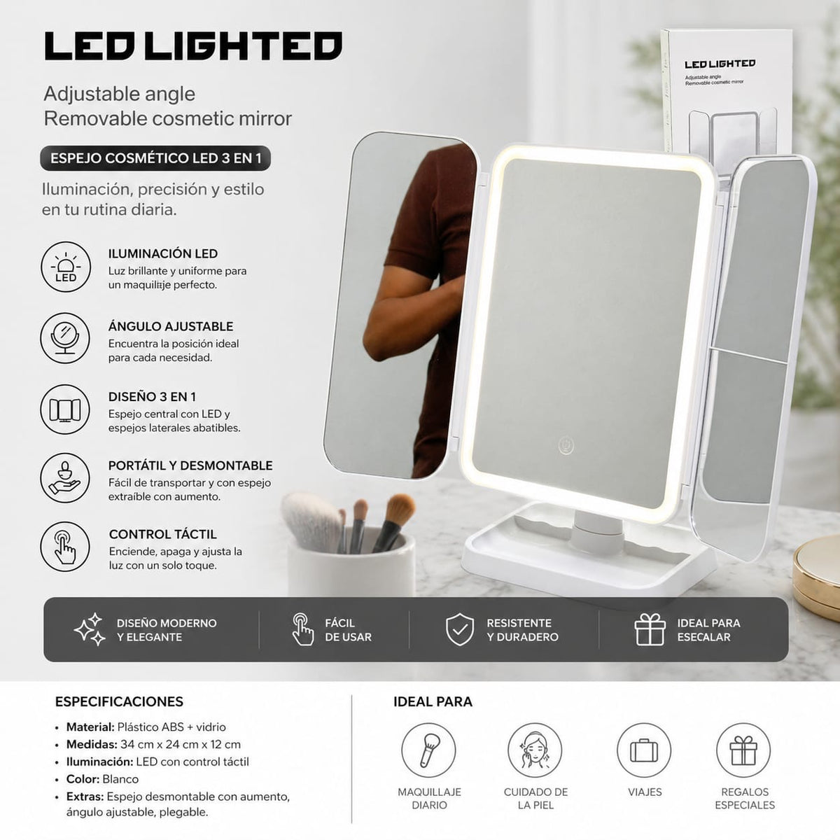 ESPEJO TOCADOR LED MULTILUZ RECARGABLE