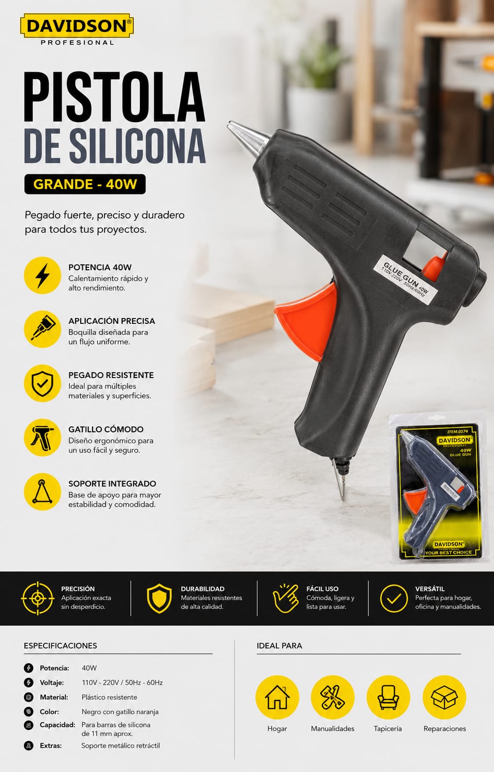 PISTOLA DE SILICONA GRANDE 40W | DAVIDSON