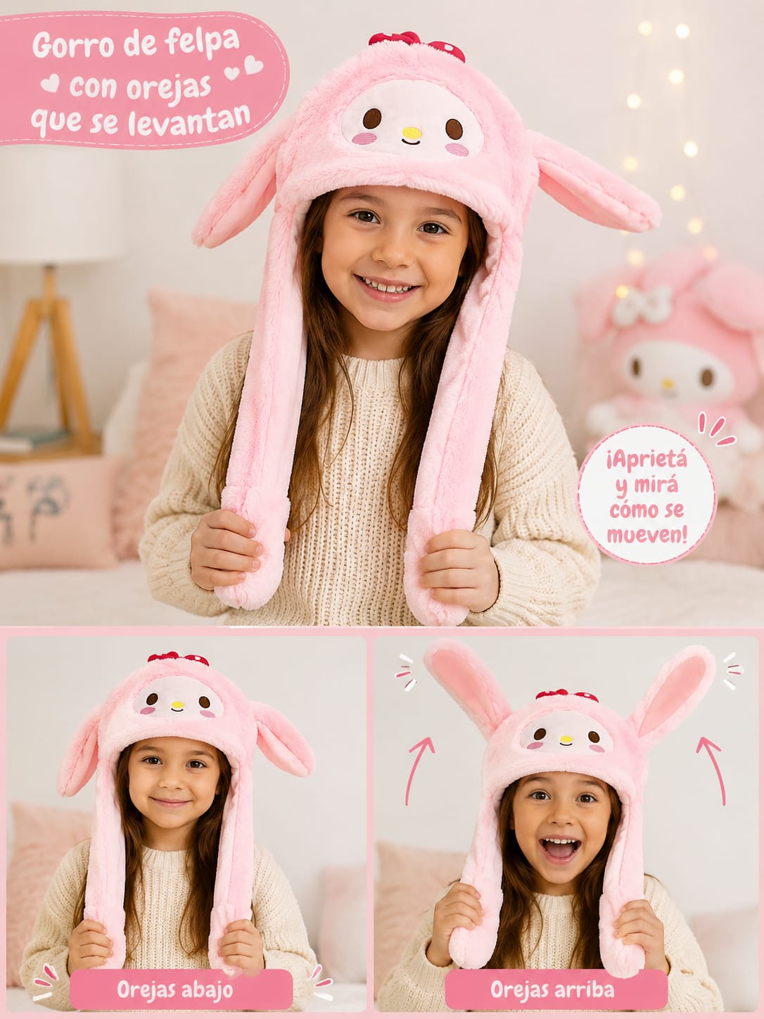GORRO DE FELPA CON OREJITAS QUE SE LEVANTAN