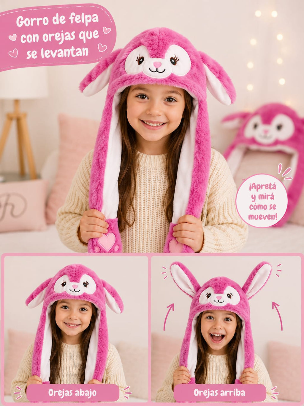 GORRO DE FELPA CON OREJITAS QUE SE LEVANTAN