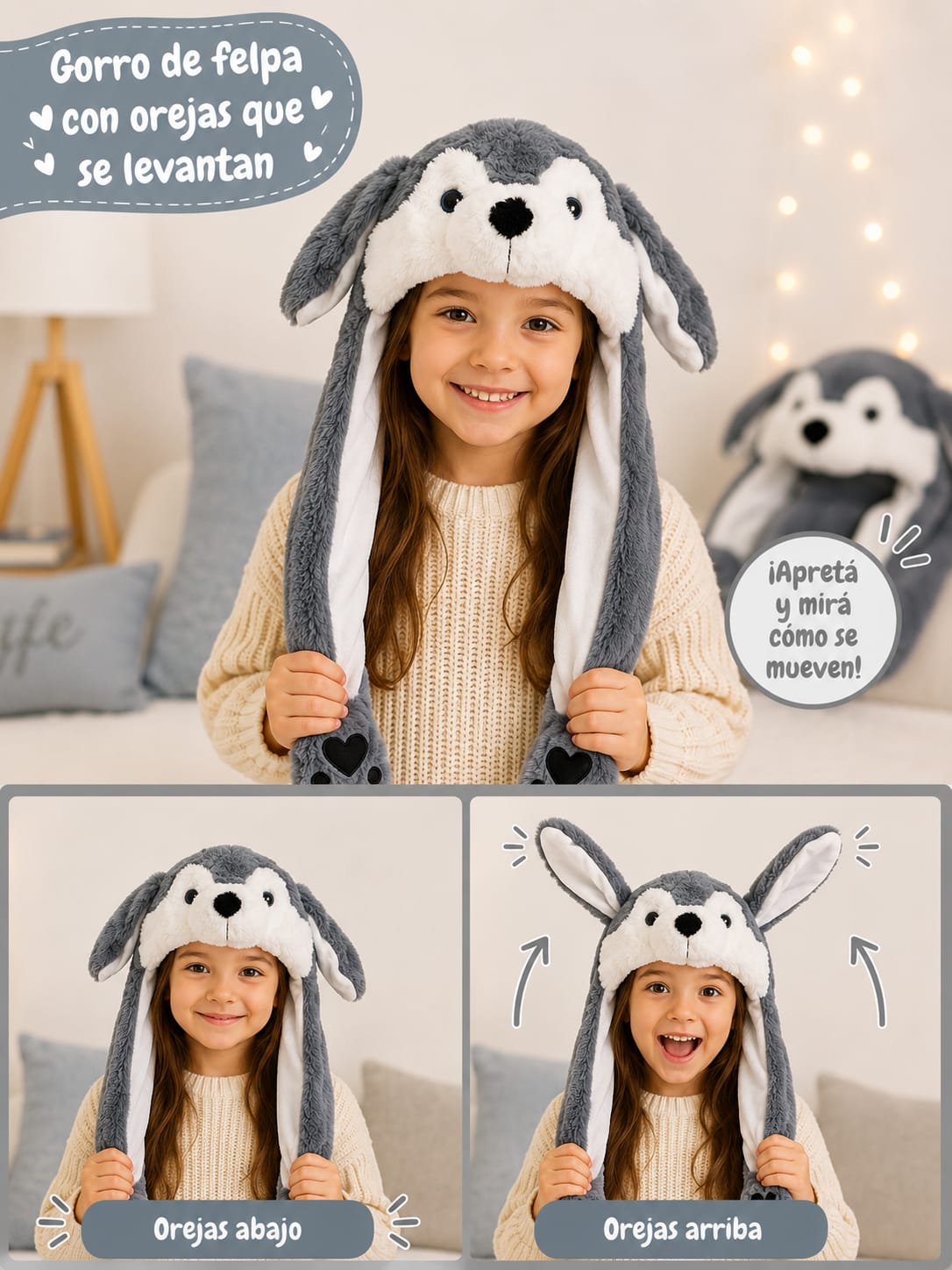 GORRO DE FELPA CON OREJITAS QUE SE LEVANTAN