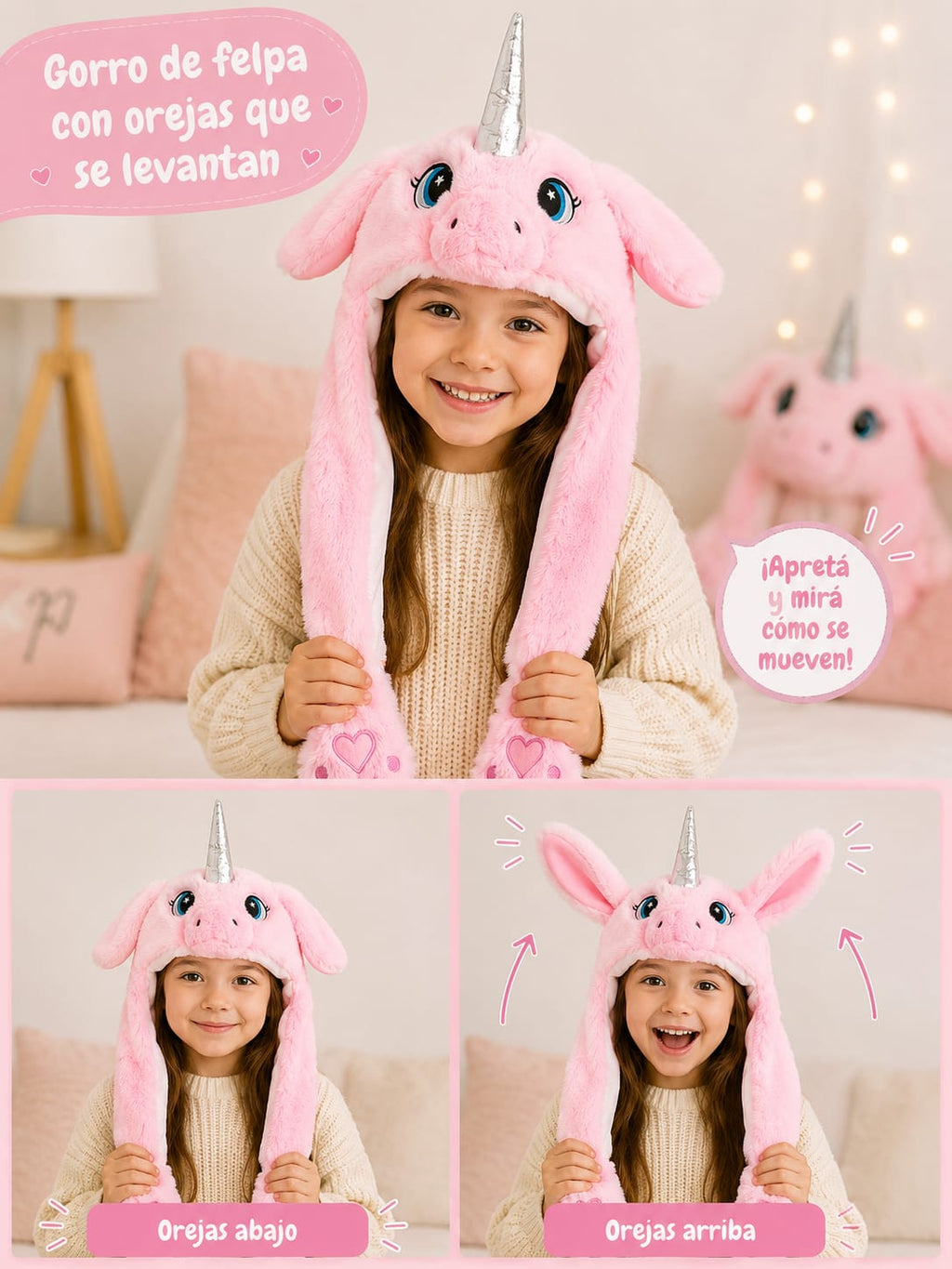 GORRO DE FELPA CON OREJITAS QUE SE LEVANTAN