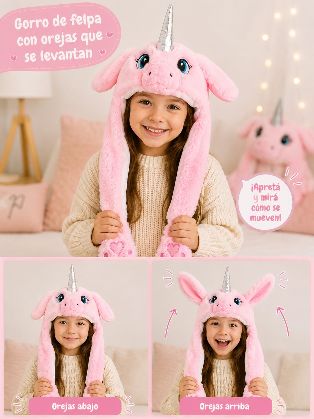 GORRO DE FELPA CON OREJITAS QUE SE LEVANTAN
