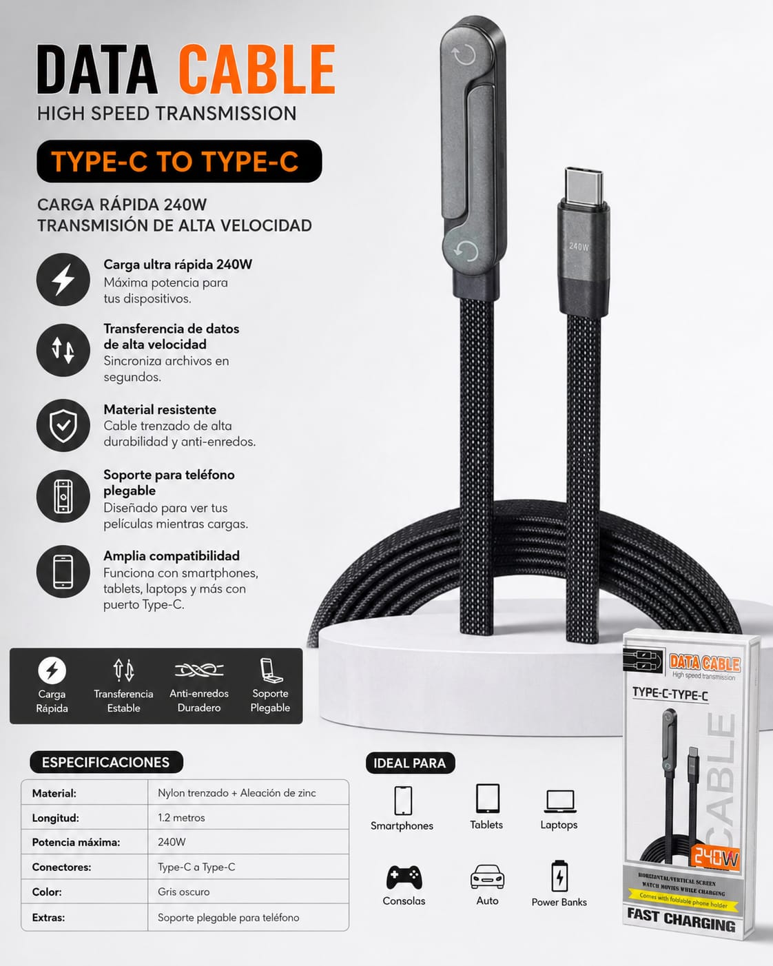 CABLE VIRAL | CABLE USB-C A USB-C DE 240W CON SOPORTE PLEGABLE