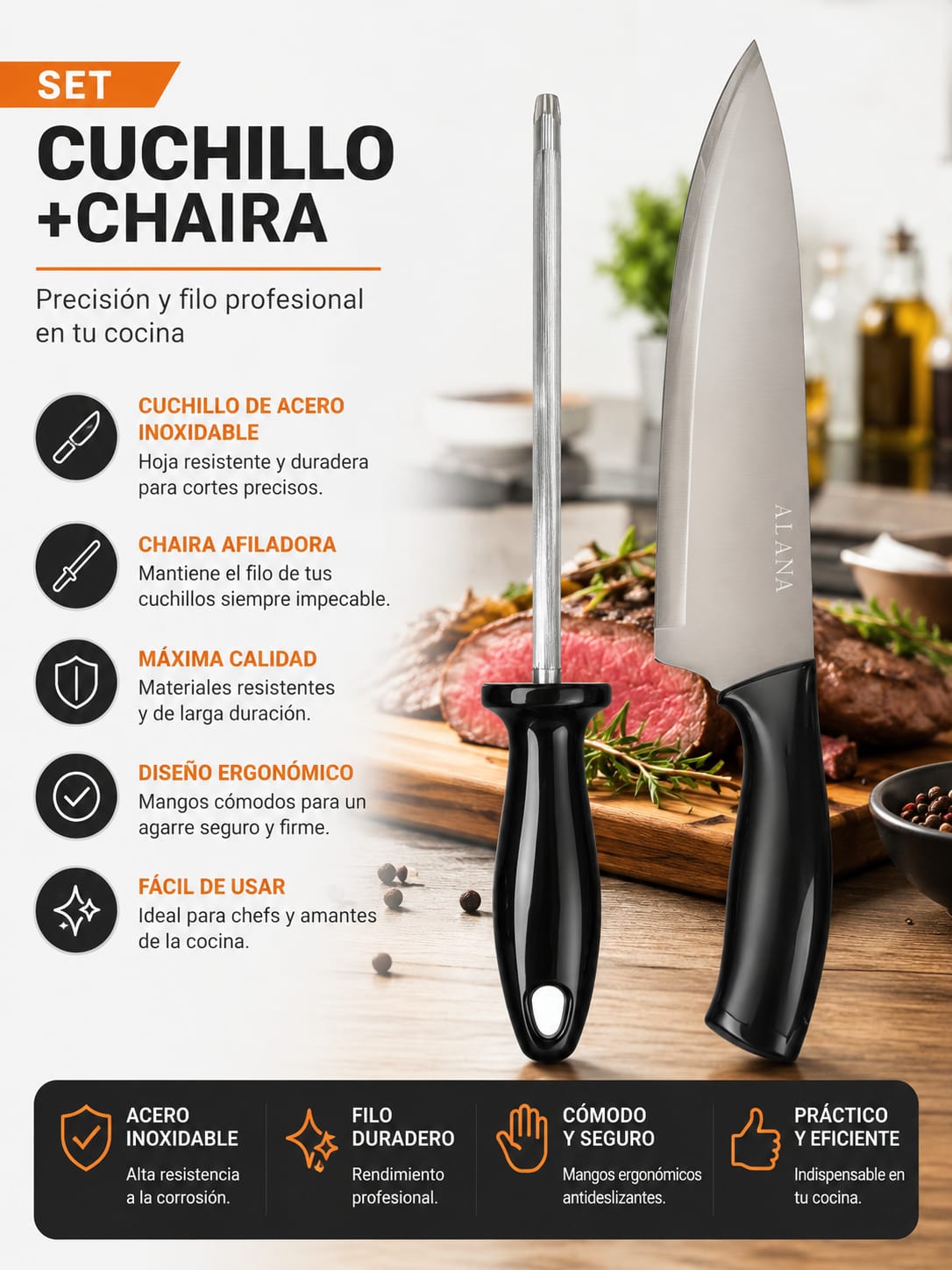 SET DE CUCHILLO + CHAIRA AFILADORA