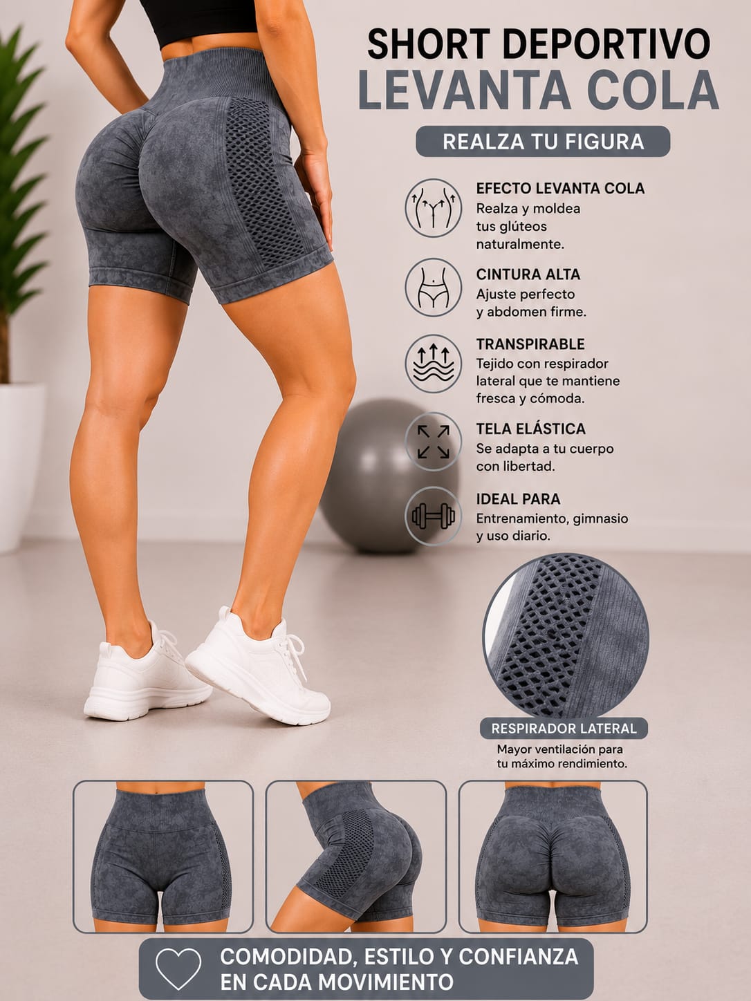 SHORT DEPORTIVO LEVANTA COLA CON RESPIRADOR