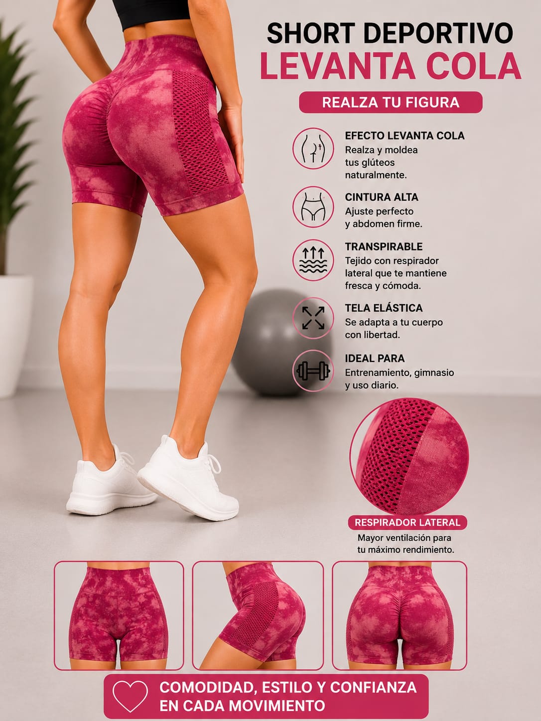SHORT DEPORTIVO LEVANTA COLA CON RESPIRADOR