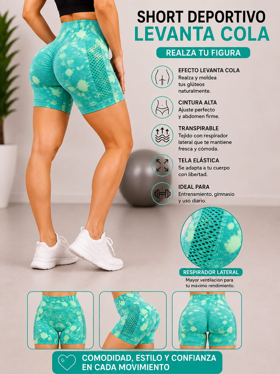 SHORT DEPORTIVO LEVANTA COLA CON RESPIRADOR